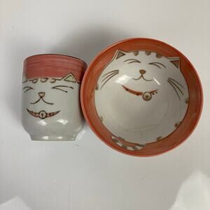 Cat Face & Tails Ceramic Small Cup Bowl Set Pink White Glaze Asian Style Design